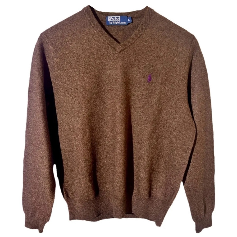 VTG Ralph Lauren Men’s 100% Wool Sweater Brown Pullover V Neck L Classic Preppy